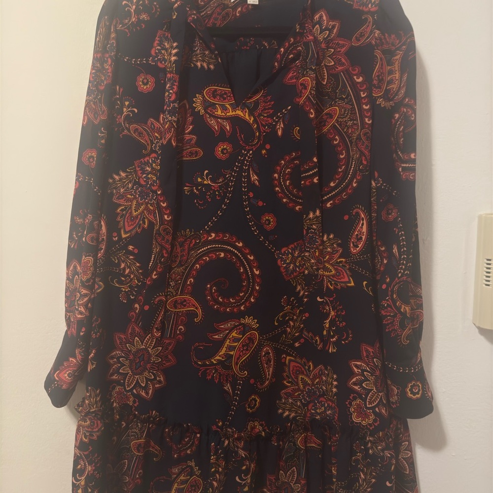 LOFT Navy Paisley Print Long Sleeve Dress